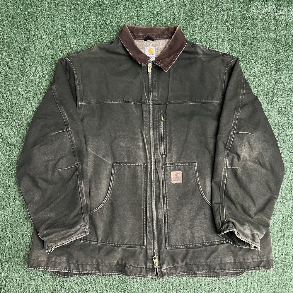 Carhartt C61 MOS Green Canvas Jacket Sherpa Lined Size 4XLT Distressed